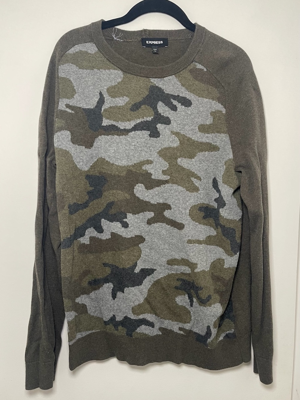 Express Olive & Gray Camo Crewneck Sweater